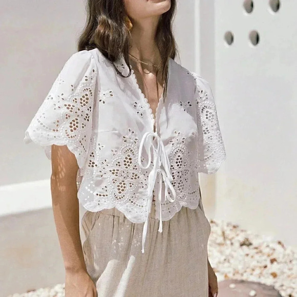 White Boho Women's Summer Ruffle Sleeve Embroidery Fabric Lace Up Short Top - Picture 5 of 6